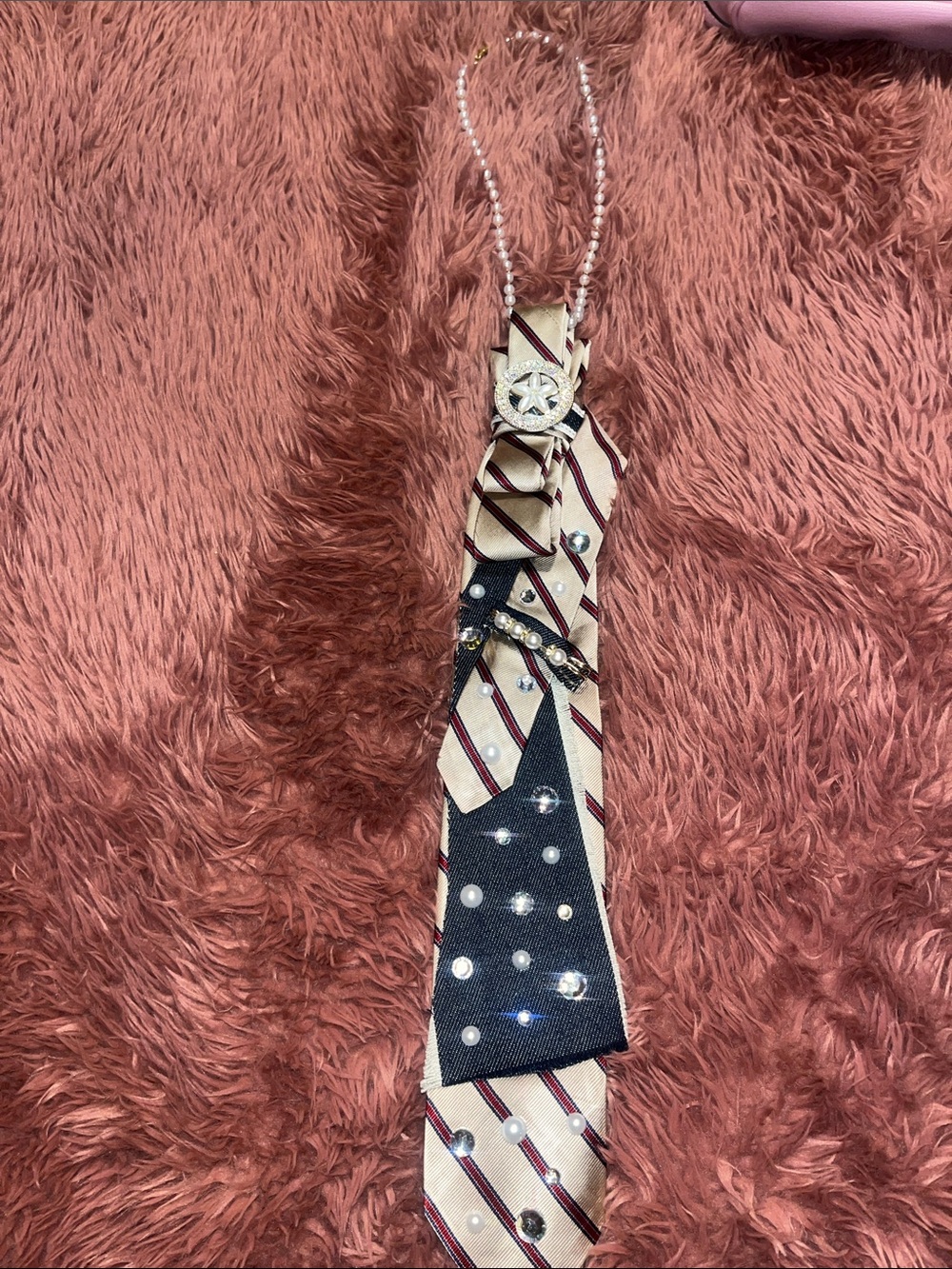 Women’s Beige & Navy Embellished Neck Tie - Fashion Accessory